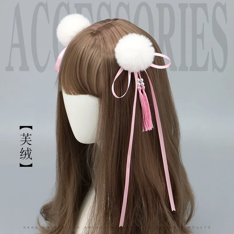새로운 중국어 술 헤어 클립 로리타 소녀 헤어 리본 Bobbles 자용 리본 헤어 클립 플러시 볼 머리핀 Hanfu 헤어 액세서리