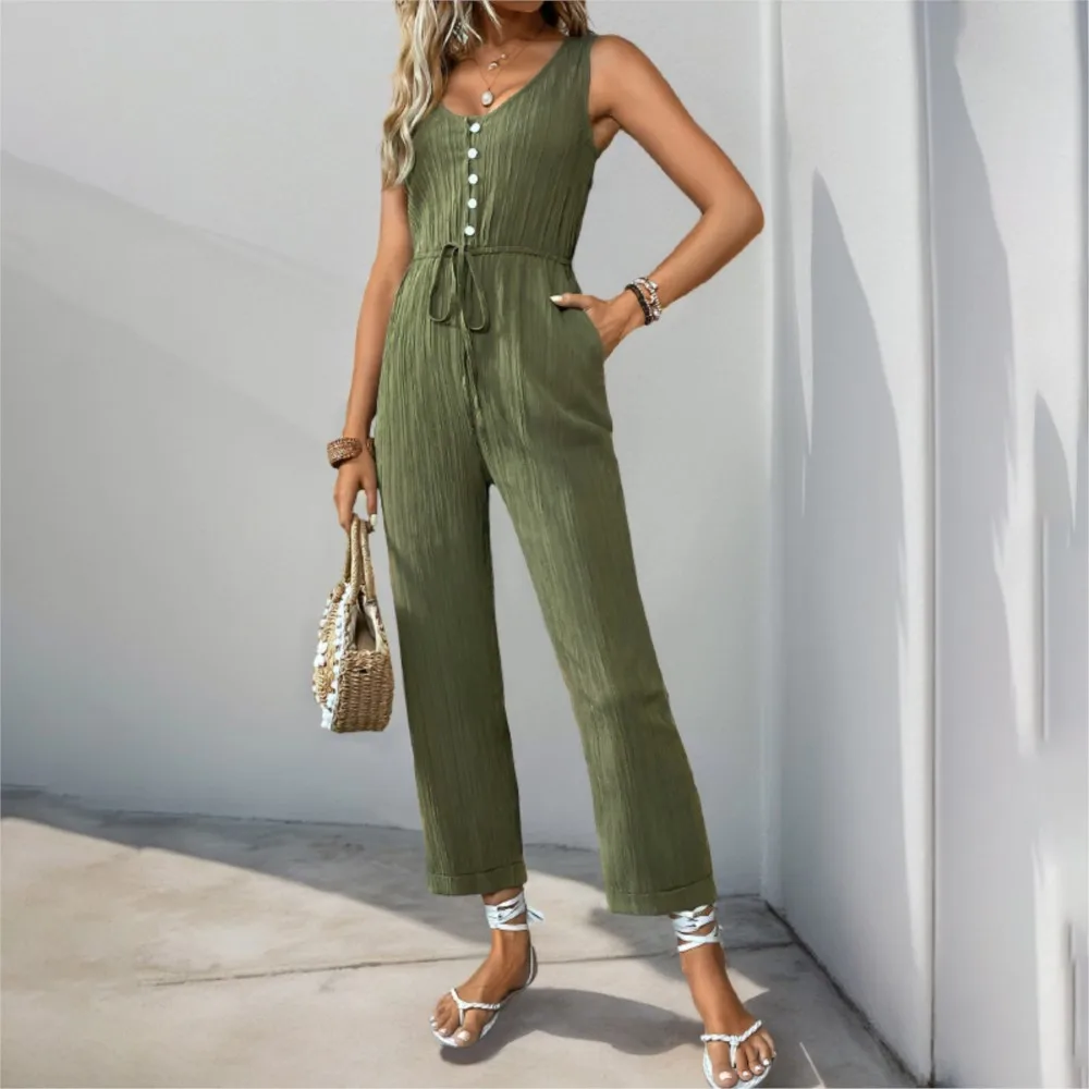 

Summer New Casual Jumpsuit With Drawstring And Sleeveless Textured Fabric Solid Color Jumpsuit Monos Elegantes Para Mujer