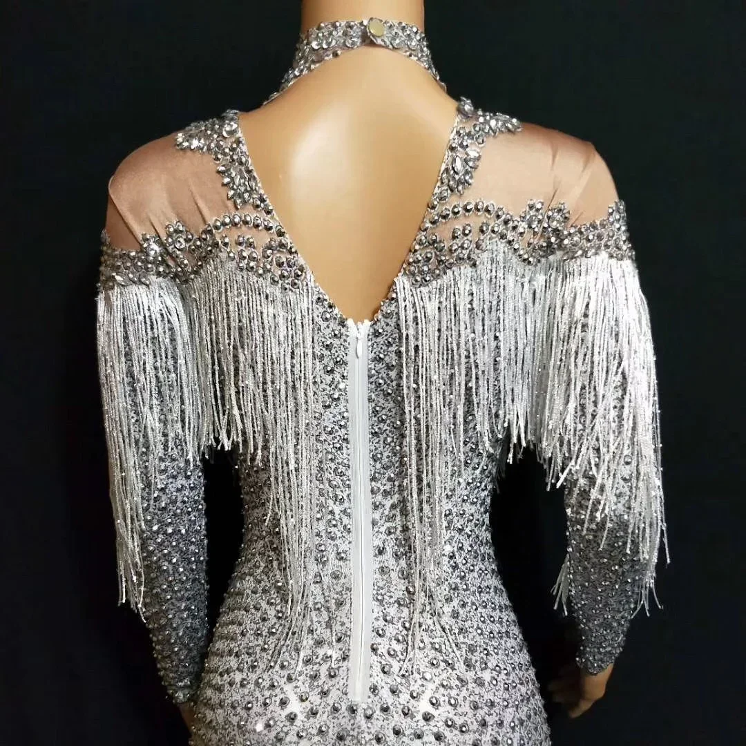 여성 스파클링 라인 석 스키니 탄성 긴 소매 실버 프린지 점프 슈트 나이트 클럽 저녁 댄스 파티 의상 2025 신년