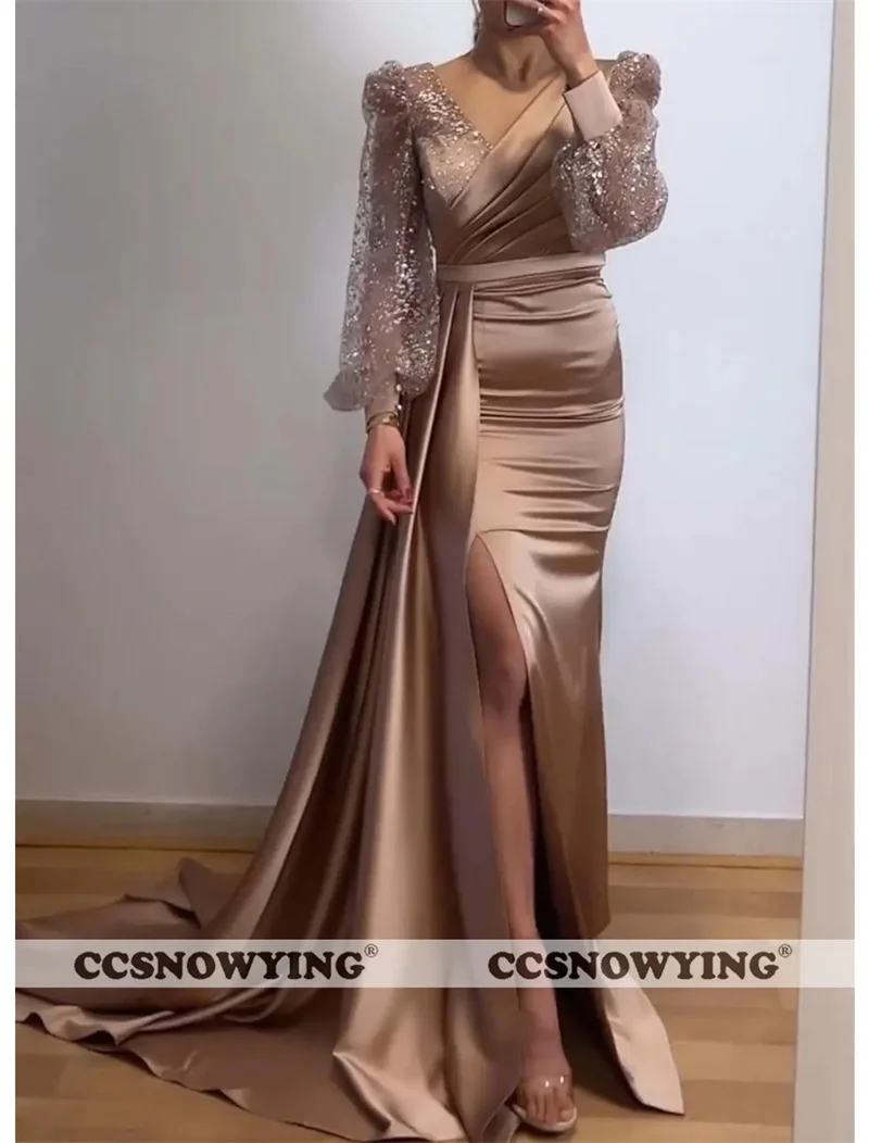 

Sexy Mermaid Long Sleeve Evening Dresses Satin Sequin with Slit Women Prom Formal Party Gowns V Neck Robes De Soiree