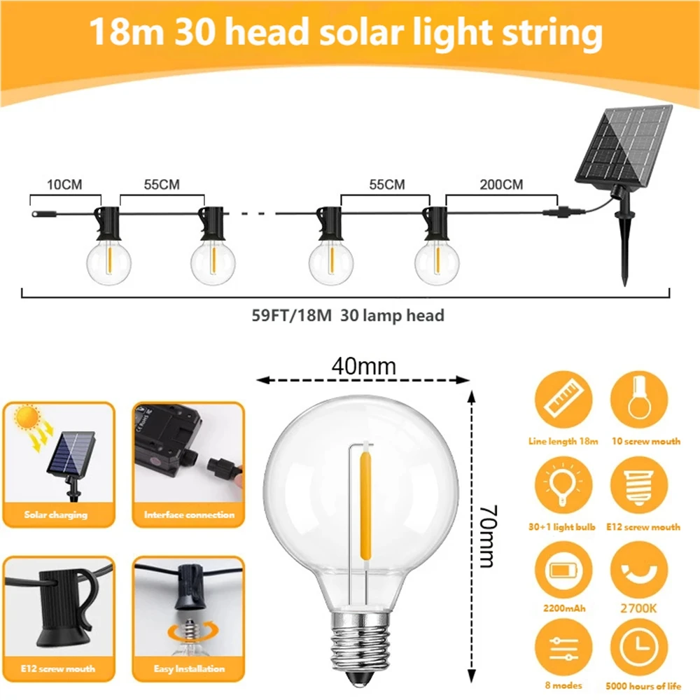 Outdoor Solar Light String Balcony Warm Light Bulb Remote Control 7.6/10/15/18 Meters Multiple Specifications Garden Lamp String