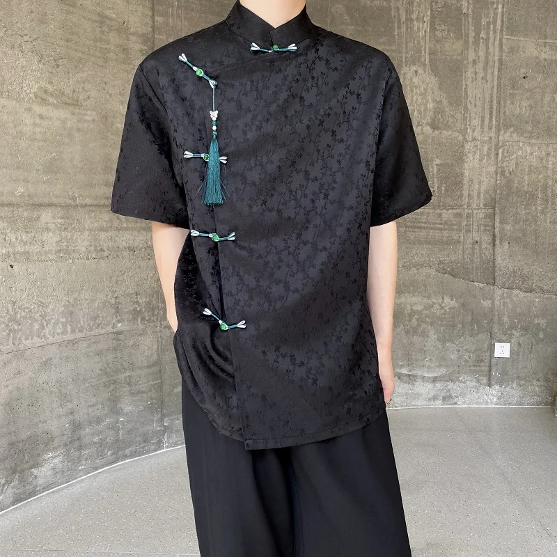 

Summer New Chinese Sle Embroidered Retro ort Sve Men's irt Decorative Slanted Button-Up Collar Trendy Polyester Casu...