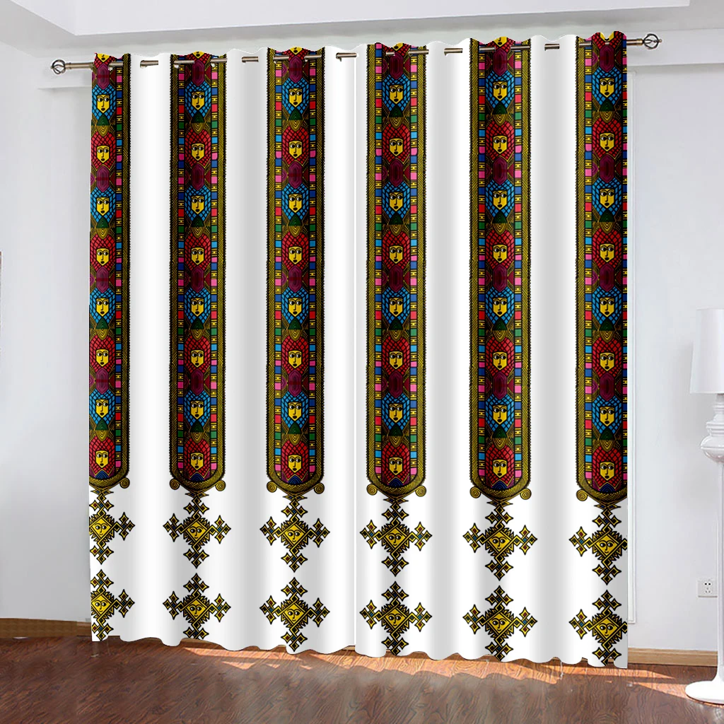 

Ethiopian King Face Geometrical Design Window Curtains, Living Room, Bedroom, Drapes 2 Panel Set