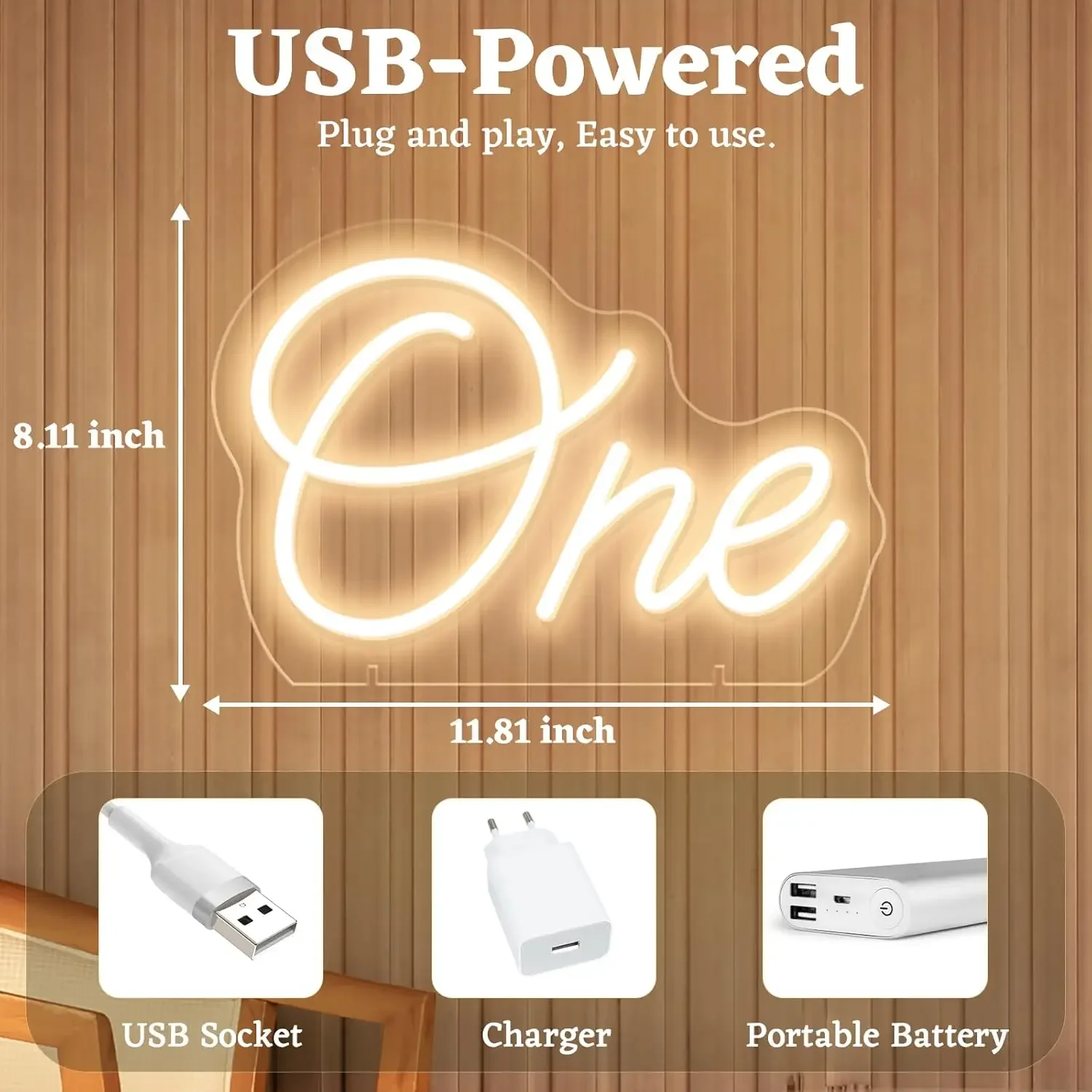 Cursive One Number Neon Sign USB Power Dimmable LED Neon Light for 1st Birthday Party Baby Shower Photo Booth Kid Bedroom Decor