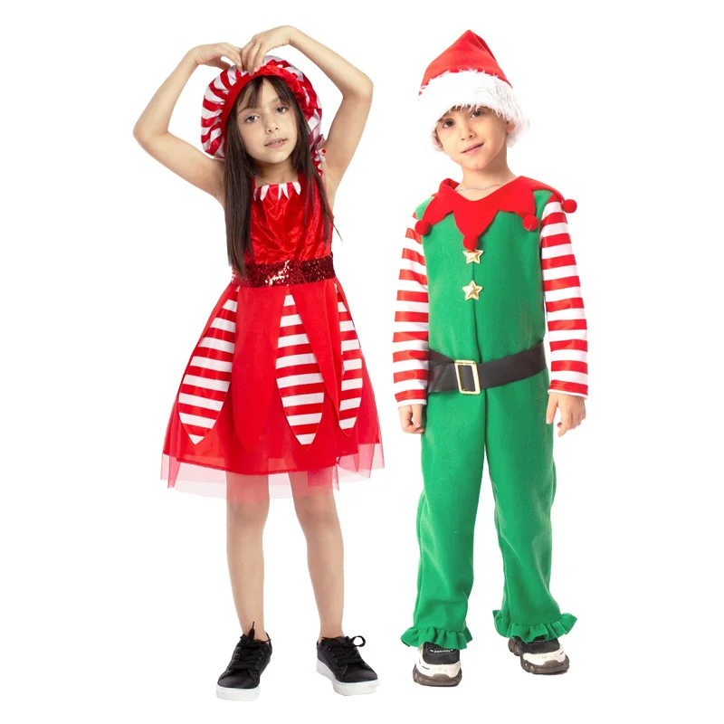 

Red Christmas Halloween Costume For Children Disguise Carnival Performance Costume Stage Outfit Santa Claus Elf Party Mini Dress