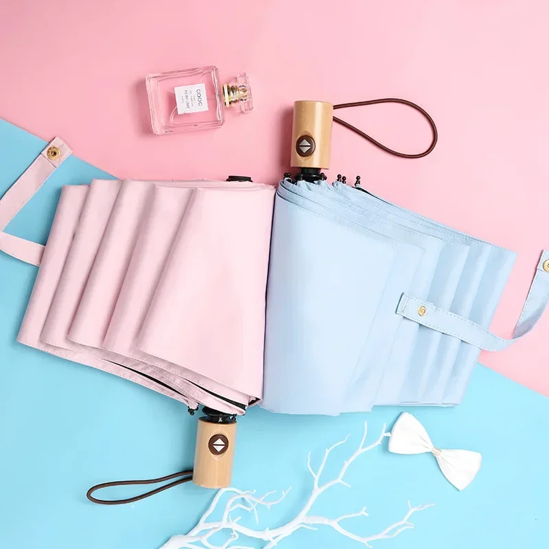 

8K Ветрозащитный автоматический зонт от солнца, мужской и женский одинаковый цвет, деревянная ручка, черное покрытие, идеи подарков