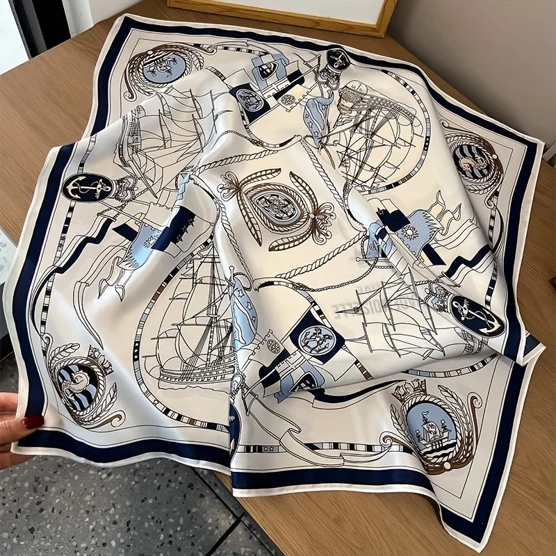 Luksusowa, duża apaszka w marynistycznym stylu, kwadratowa, cienka, oddychająca, jedwabista chusta na szyję, elegancki styl, ochrona przed słońcem, chusta na głowę.