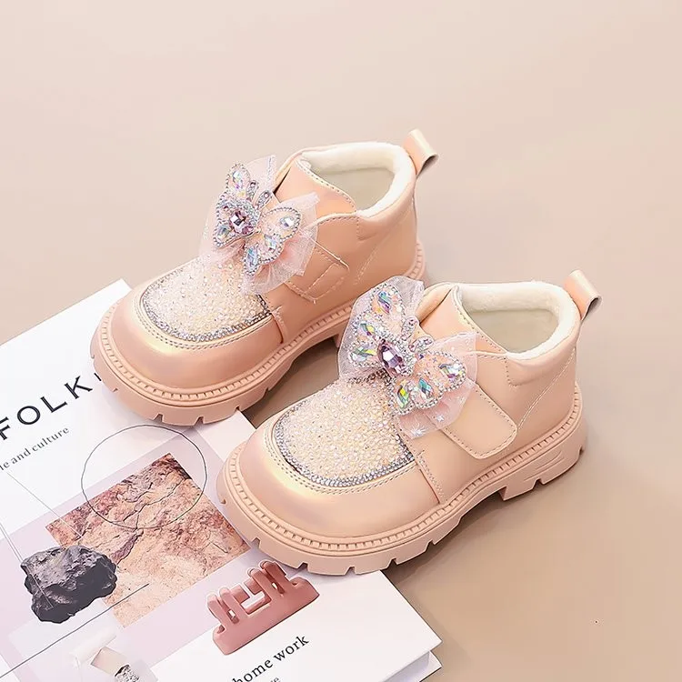 Girls Rhinestone Butterfly Winter Boots, Glitter Toe Hook‑and‑Loop Plush‑Lined Thick Sole Princess Ankle Boots