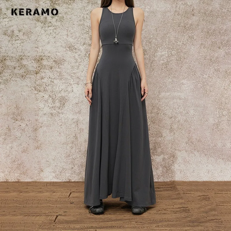 

Women's Casual Sleeveless Solid Color Round Neck Long Dresses 2025 Summer Sexy Loose Fit High Waist Grey Camisole Soft Dress