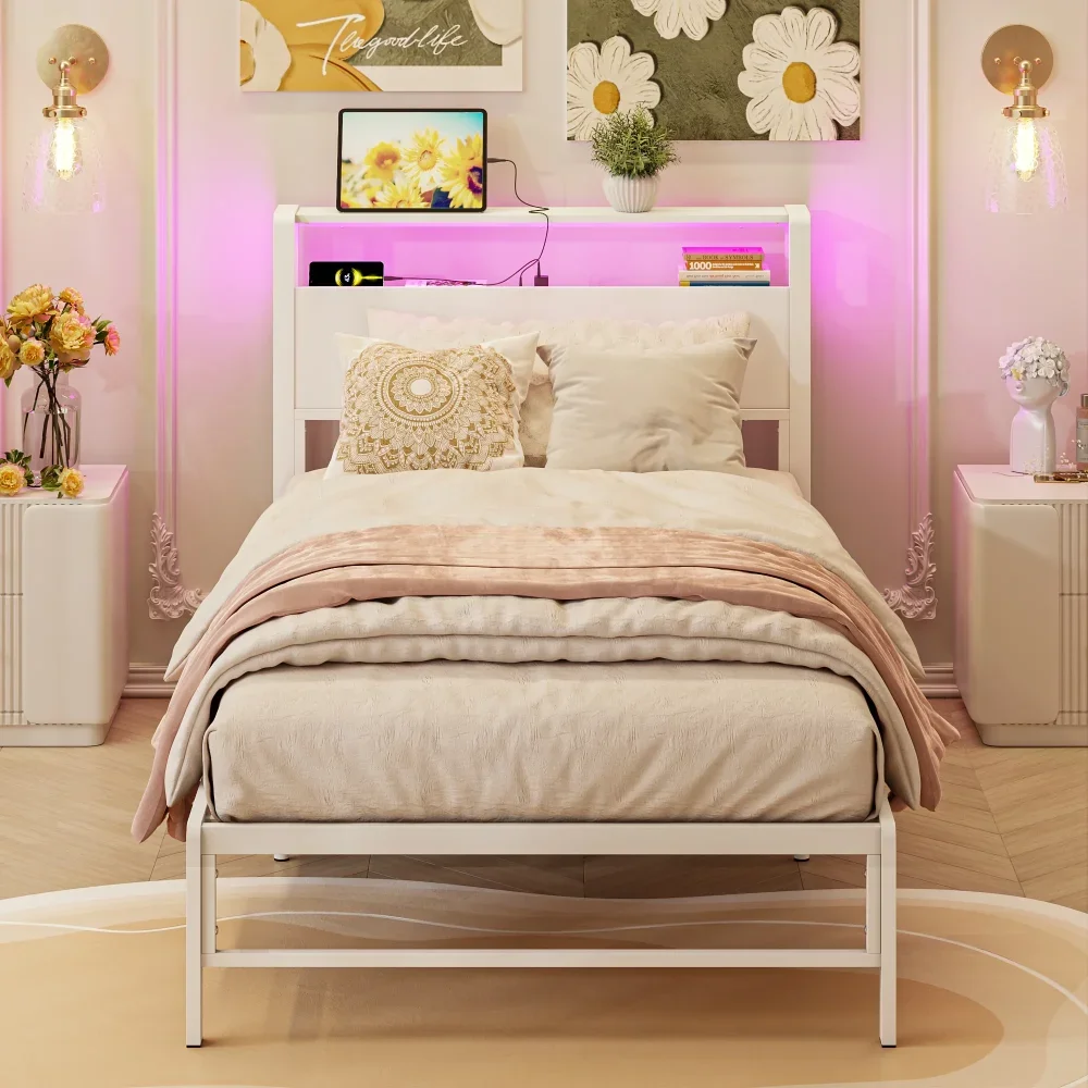 

with 2-Tier Storage USB Port Charging Station Headboard，Power Outlet LED Light Twin Metal Platform Bed Frame