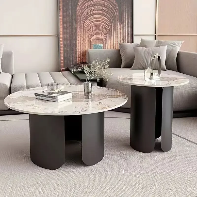 Premium Marble Texture Coffee Table Luxury Designer For Sofa Side Round Coffee Tea Table 2 in 1 Combination Furniture Tables