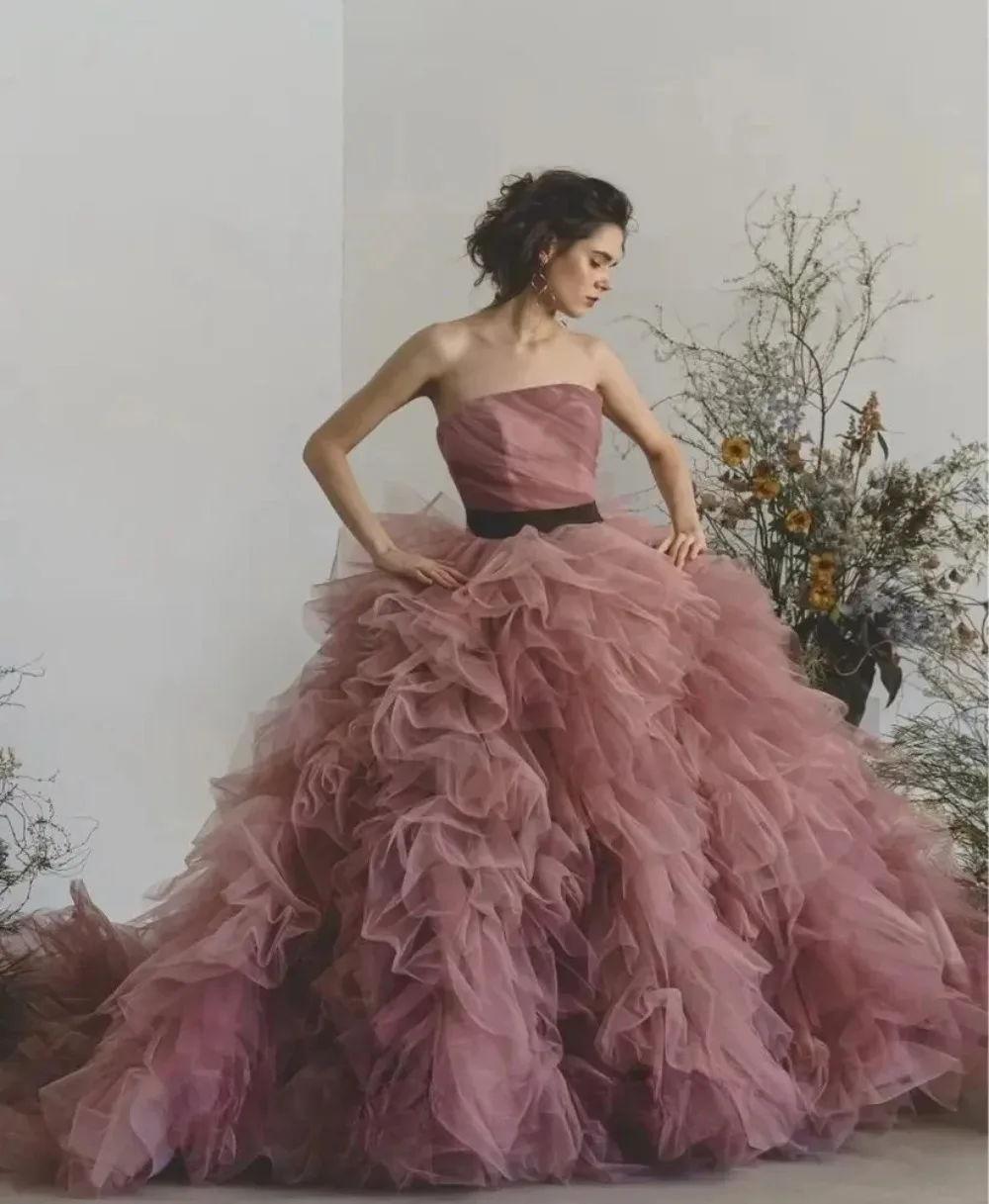 Customized Elegant Dignified Temperament A-Line Wedding Dresses Removable Soft Tulle Strapless Tiered Layered Bridal Gowns
