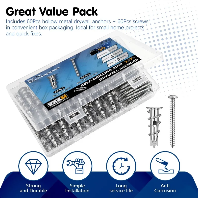 مجموعة مراسي الحوائط الجافة للزنك ذاتية الحفر من VKKM - مع 60 قطعة من مراسي الزنك و60 قطعة # 8 براغي، تحمل ما يصل إلى 50 رطلاً، لا حاجة إلى حفر مسبقًا