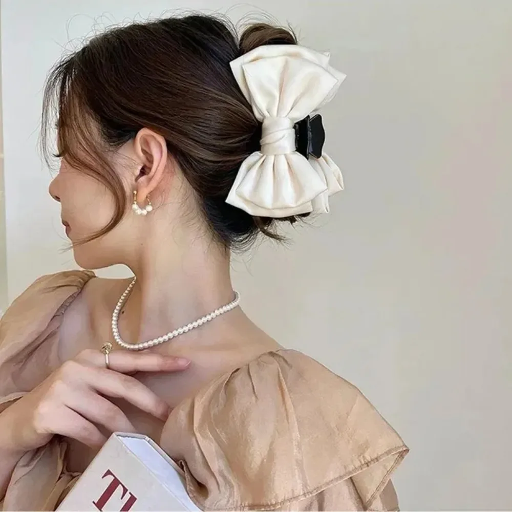 Elegant Women Bow Hair Claw Clips Double-sided Large Satin Shark Hair Claw Solid Bowknot Hairpins Barrettes Hair Accessories image 4