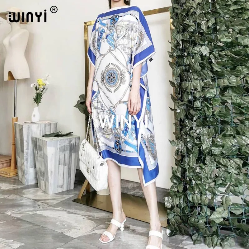 

Thailand Summer Bohemian Printed beach sexy lady Knee kaftan dress comfortable silk kaftan short dress