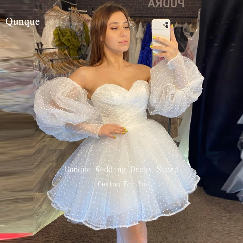 

Qunque Sweetheart Short Mini Wedding Dress Pleated Dotted Tulle Bridal Gowns Removable Puff Sleeves Vestidos De Novia Customized