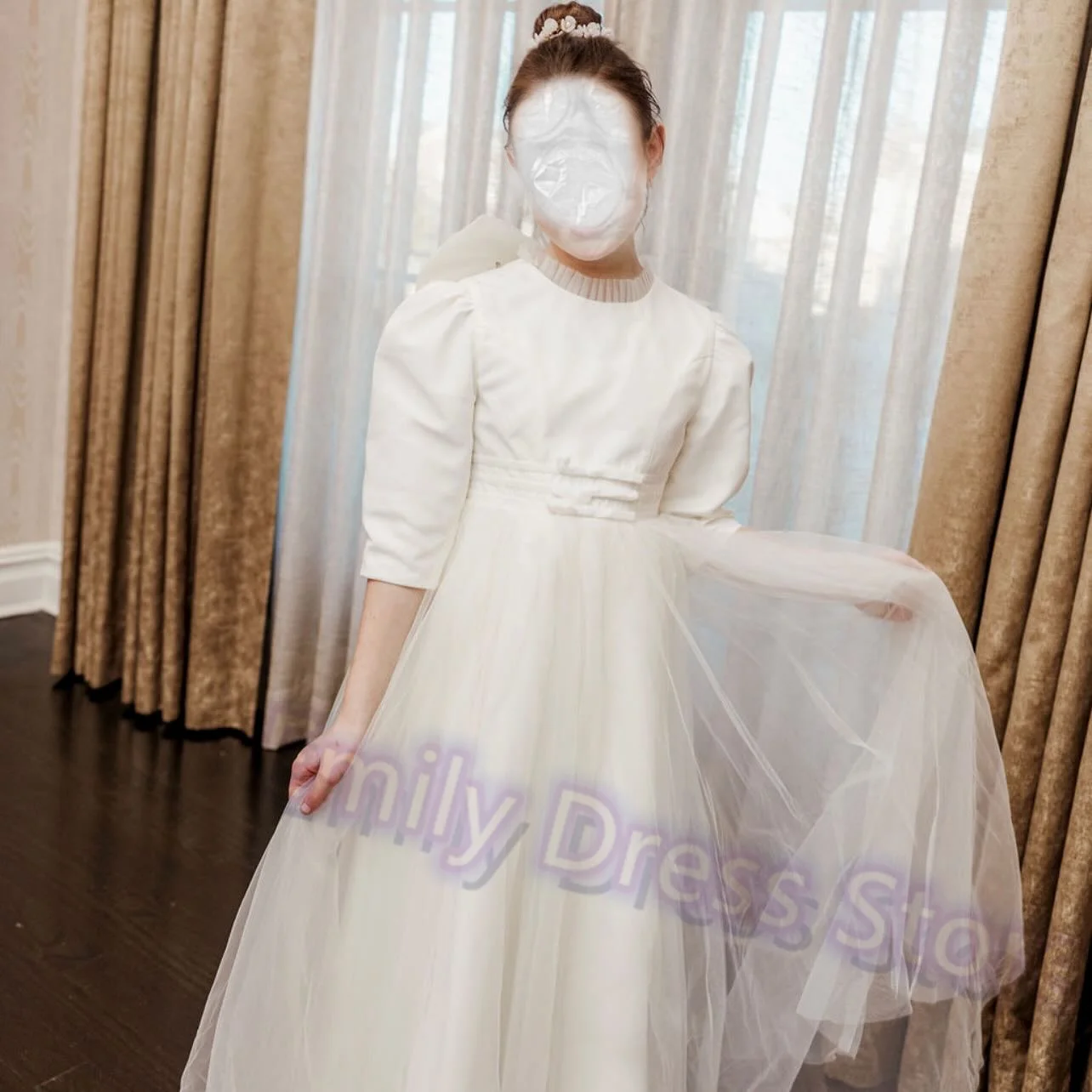 

Индивидуальное платье цвета слоновой кости с цветочным узором для девочек на свадьбу, с короткими рукавами и большим бантом, фатиновое платье для дня рождения, детские вечерние платья для первого причастия