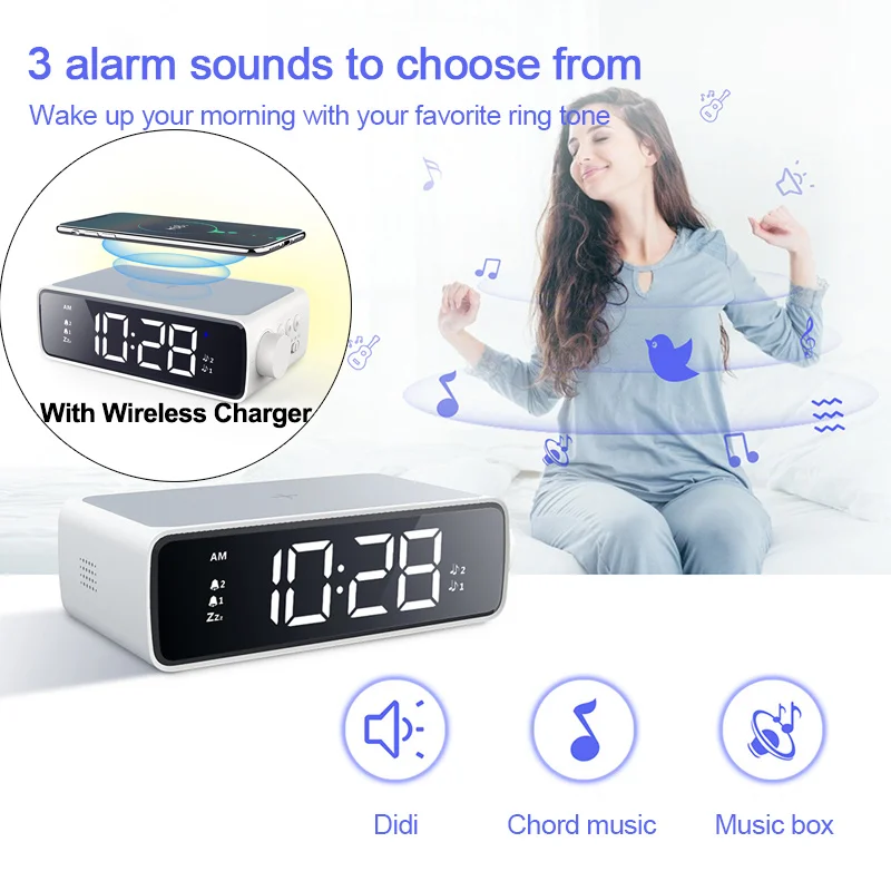 

LED Electric Alarm Clock With Wireless Charger Desktop Digital Clock Brightness Adjustable 12/24H Night Light Dual Alarm Clock