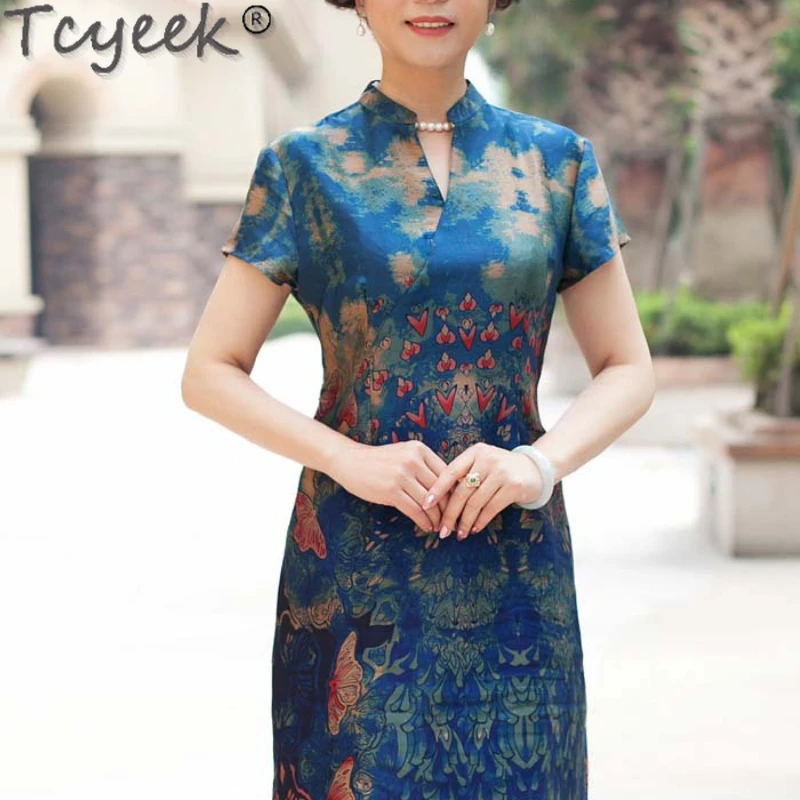 

Tcyeek 100% Mulberry Silk Womens Dresses 2024 Summer Clothes Elegant Dresses for Women Casual Qipao Dress Vestidos Para Mujer