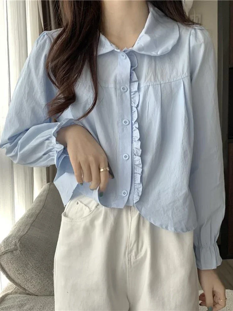 

Chic Ruffles Sweet Shirt Women Korean Long Sleeve Elegant Preppy Style Blouse Fashion Peter Pan Collar Cute Spring Tops