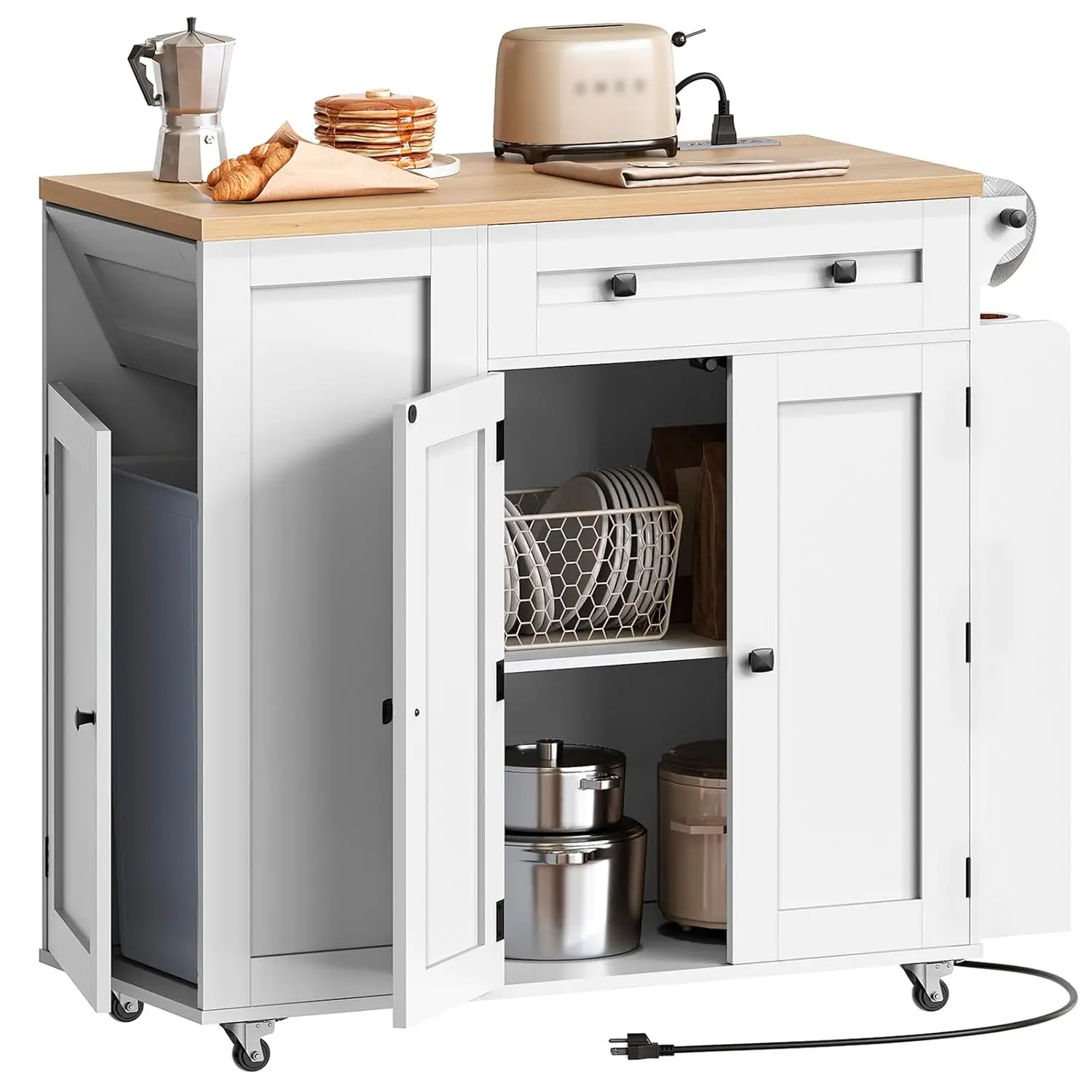 Kitchen Island with Storage, Mobile Rolling Cart with Trash Can Storage, Kitchen Island on Wheels, Rolling Island Table with Cha