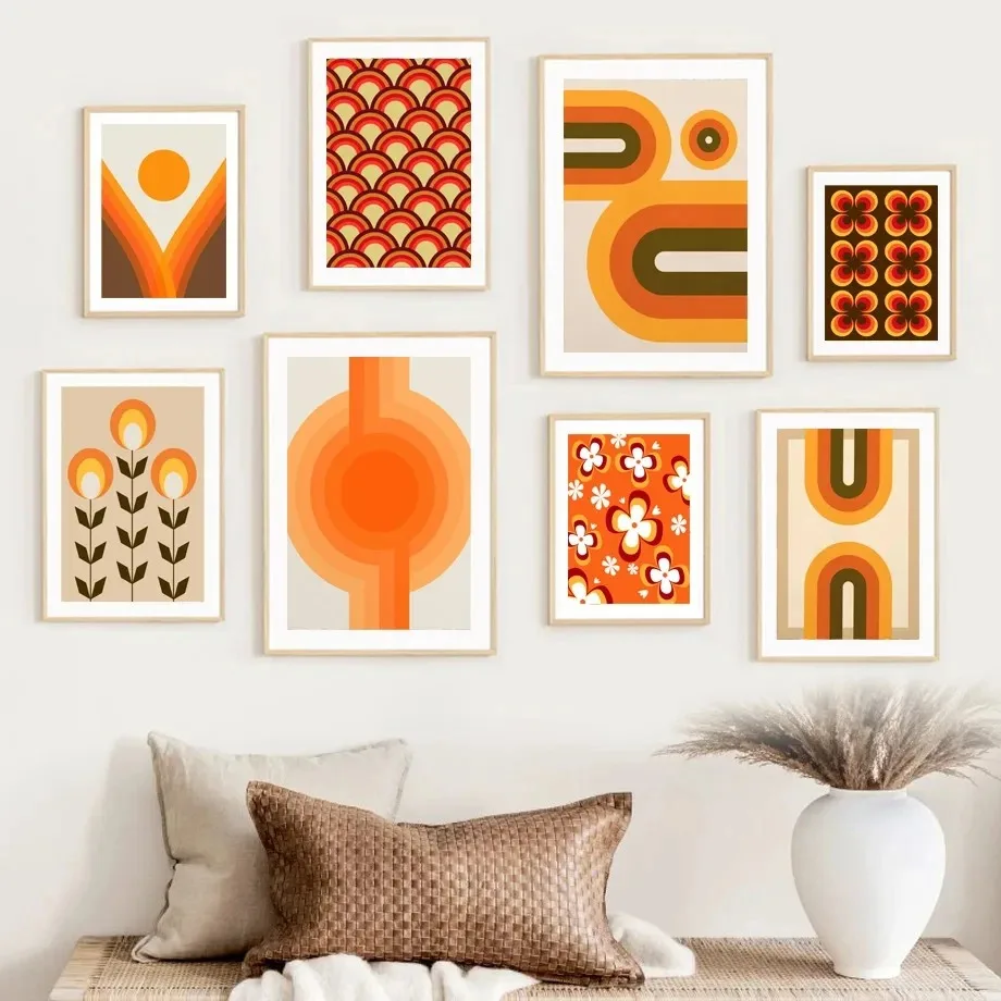 Retro 1970s Inspiration Art Abstract Orange Line Flower Sun Geometric Shape Poster Decoration Painting Home Decoration Wall Art