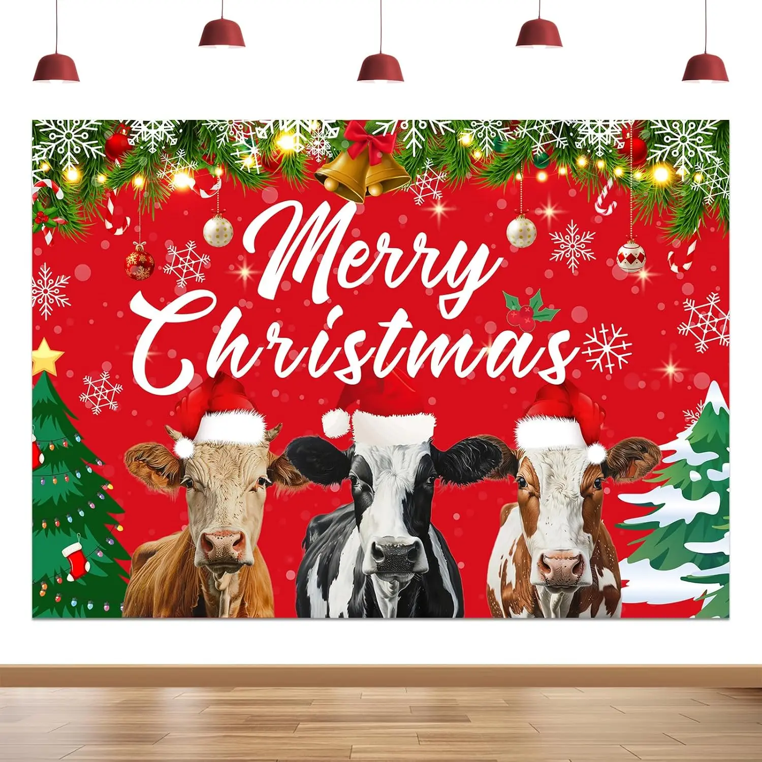 Funmemoir 5 X 7ft Red Christmas Cow Backdrop Merry Christmas with Cattle Printed Background Xmas Party Decorations Supplies