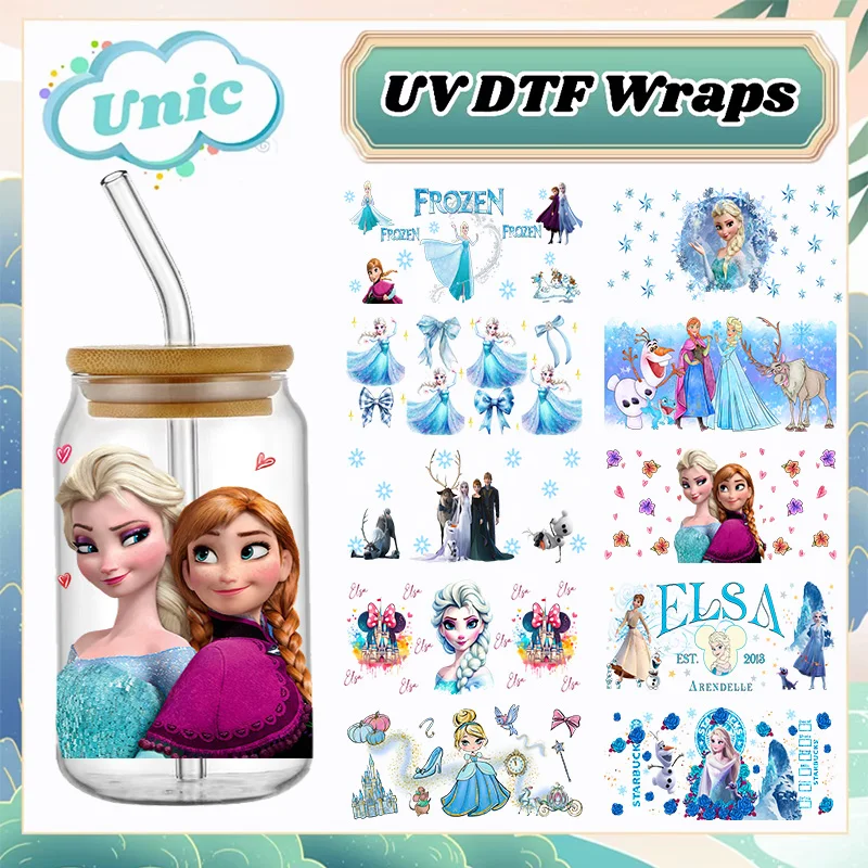 

Disney Elsa Anna Princess Frozen Cartoon For Libbey Wraps 16oz Can Glass 3D Waterproof UV DTF Coffee Can Wrap Libbey Glass Wrap