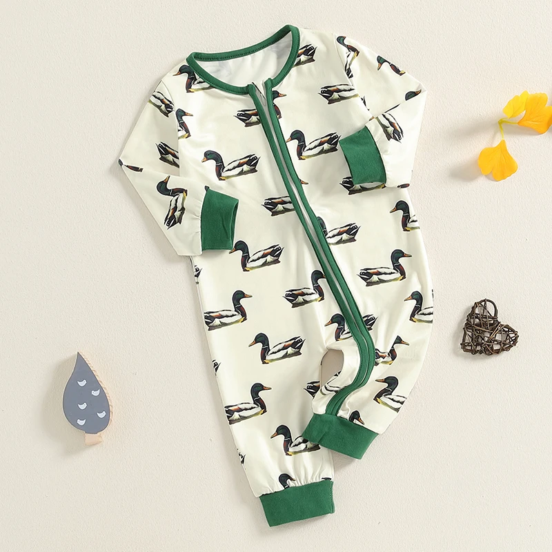 0-24M Baby Boys Girls Jumpsuits Long Sleeve Round Neck Duck All-over Print Rompers Newborn Pajamas