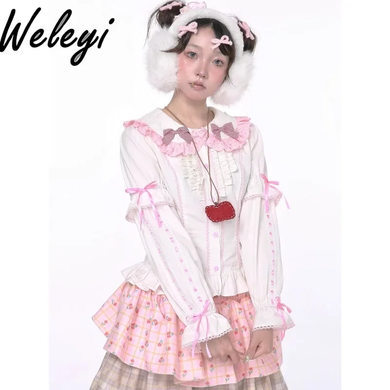 

Japanese Cute Girl Bow Cotton White Top 2024 Autumn and Winter Original Retro Lolita Bandage Long Puff Sleeve Doll Collar Shirts