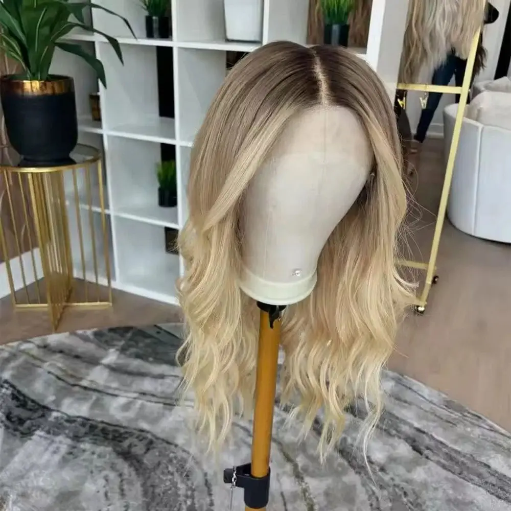 180% High Density Light Blonde Full Wigs With Dark Roots Long Length Body Wave Ombre Synthetic Lace Frontal Wigs Brunette Fibre