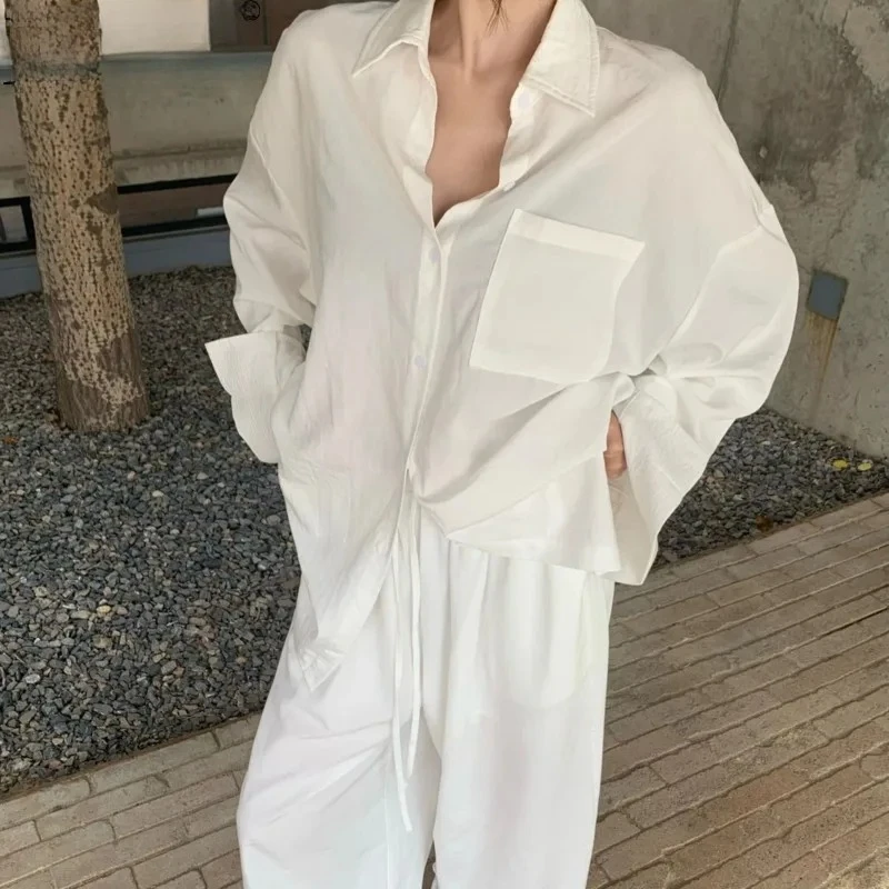 

Темпераментная белая льняная рубашка с воротником с лацканами, топ, комплект для отдыха, женские летние повседневные широкие брюки, комплект из двух предметов