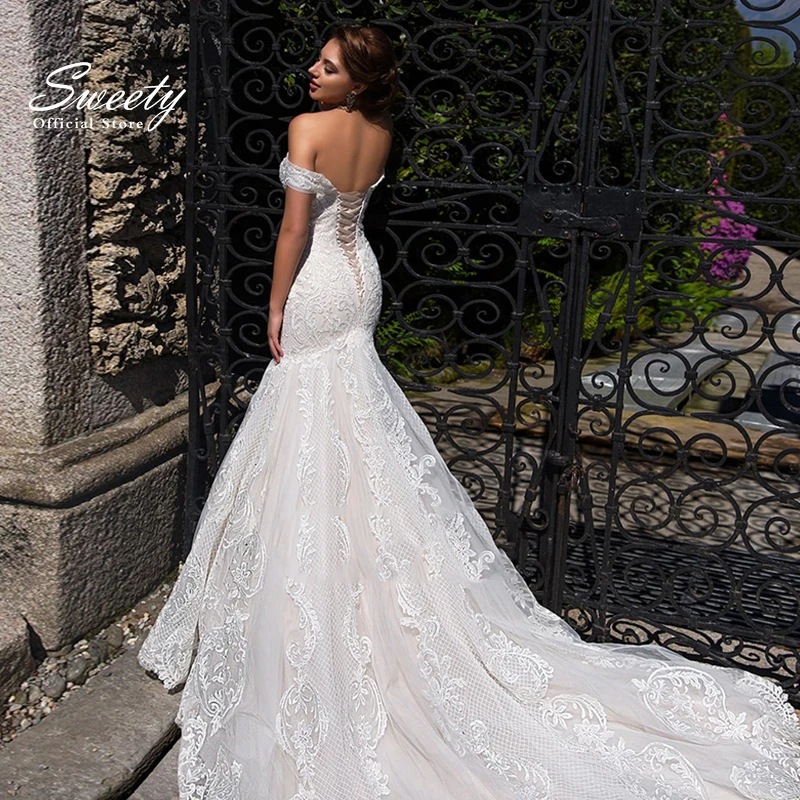 Meerjungfrau-Hochzeitskleid, elegante bestickte Spitze auf Netz mit schmaler Linie, U-Boot-Ausschnitt, ärmellose Schnürung, Vestido De Novia,