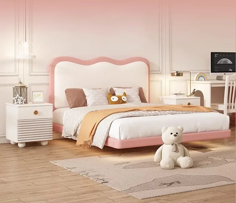 French cream style, children's pink princess, light luxury modern girl children, bedroom single leather bed
