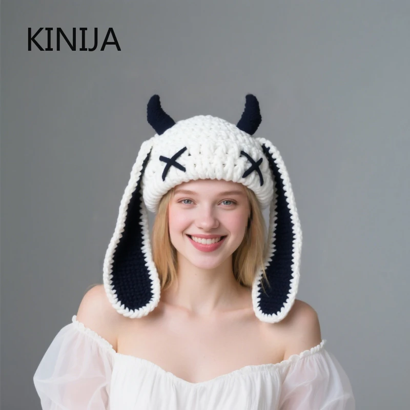 Теплая шапка на шлем с длинными ушками Y2K, вязаная шапка для женщин, зимняя универсальная забавная пуловерная шапка, мужская холодная шапка в стиле панк, готика