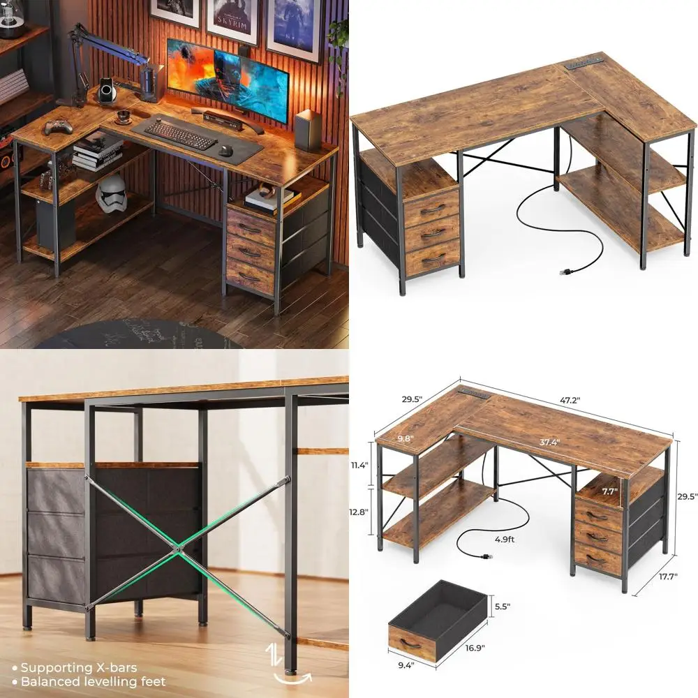Rustic Brown 47 L-Shaped Desk with Power Outlets, Storage, Ideal for Gaming, Work, and Study