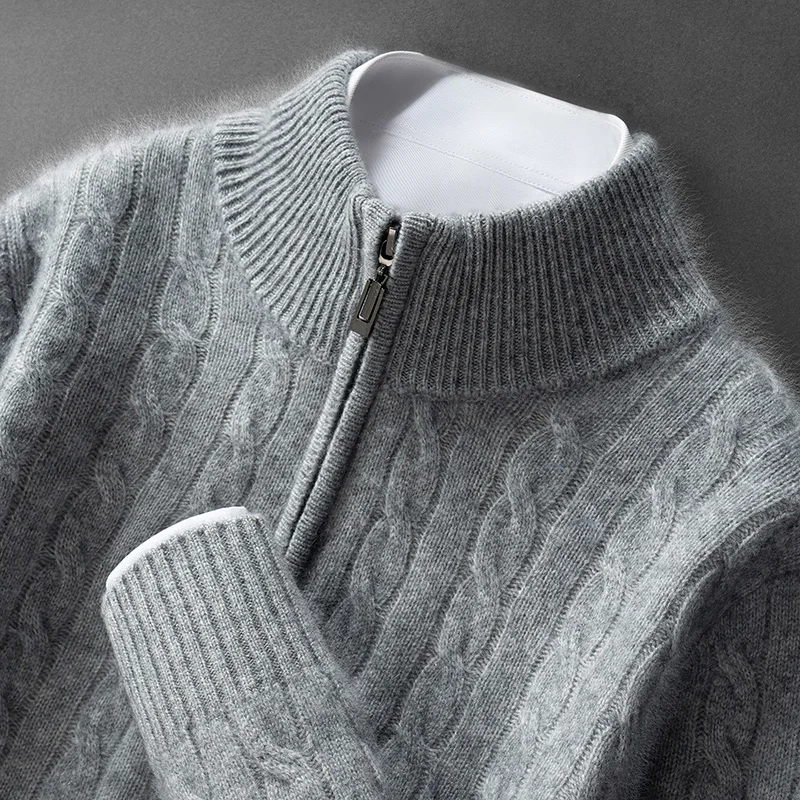 CHICUU 남성용 100% 캐시미어 스웨터 목폴라 지퍼 케이블 니트 풀오버 가을 겨울 두꺼운 따뜻한 프레피 스타일 캐시미어 니트웨어
