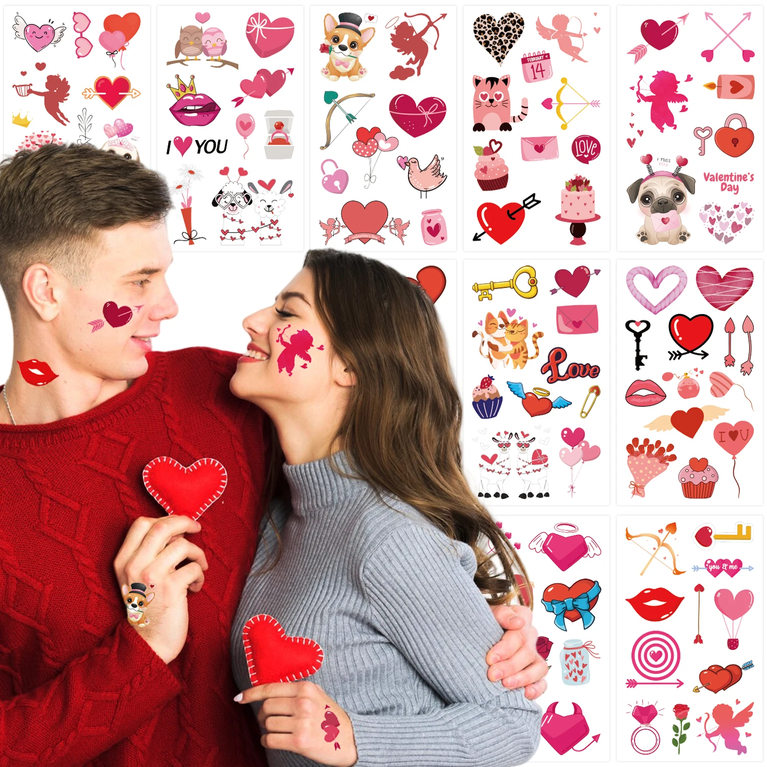 10pcs  Valentine's Day Series Temporary Tattoo Stickers, Rose Love Heart Linked To Heart Pattern Temporary Tattoo For Couples
