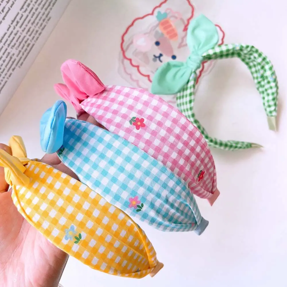 Korean Sweet Hair Accessories Headwear Flowers Bow Headdress Bow Headband Children Hair Hoop Plaid Hairband