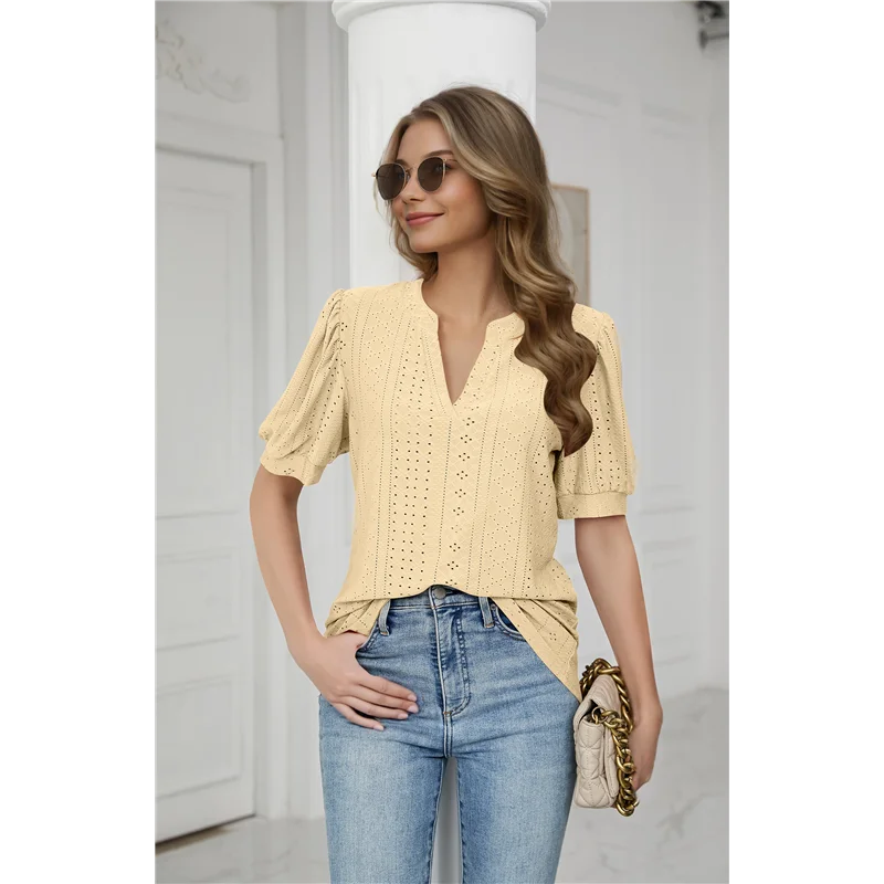 A83F-été manches courtes bouffantes chemises pour femmes coupe ample oeillet t-shirt encoche col en V tunique Blouse évider hauts de travail