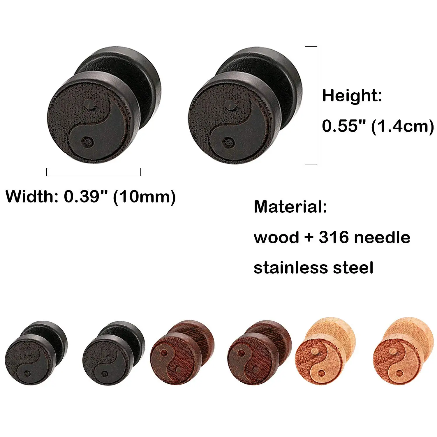 2PCS Vintage Women\'s Men\'s Wood Pierced Stainless Steel Yin Yang Fake Gauges Tunnel Round Screw Stud Earrings 10mm