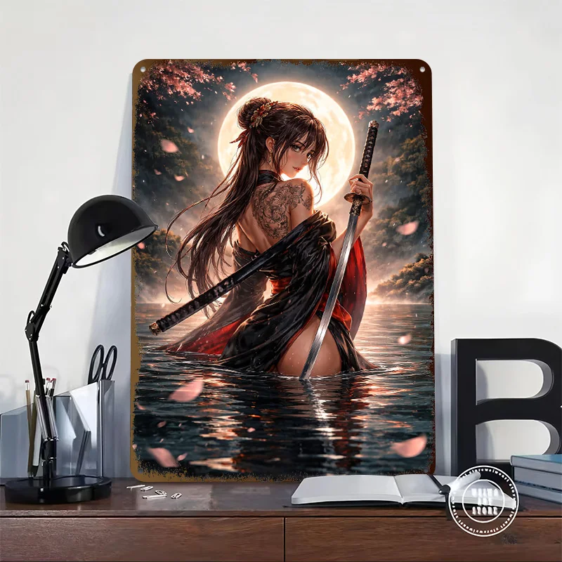 Samurai Woman in Moonlit Water Metal Poster Customized Wall Art Retro Vintage Metal Signs for Man Cave Home Decor Living Room