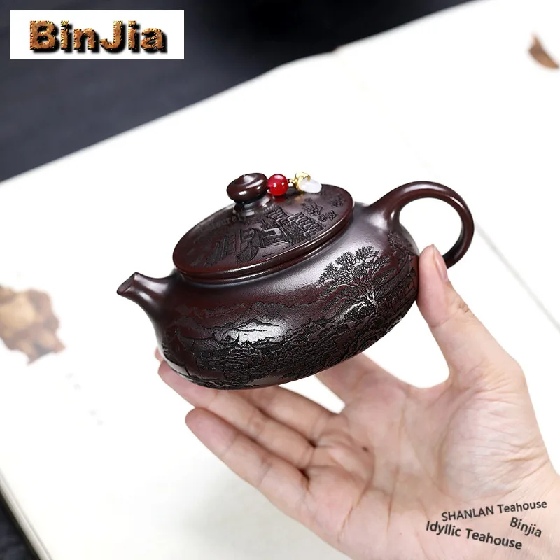 

230ml Antique Yixing Purple Clay Teapots Handmade Hanjiang Pot Raw Ore Ancient Black Mud Tea Infuser Kettle Zisha Tea Set Gift