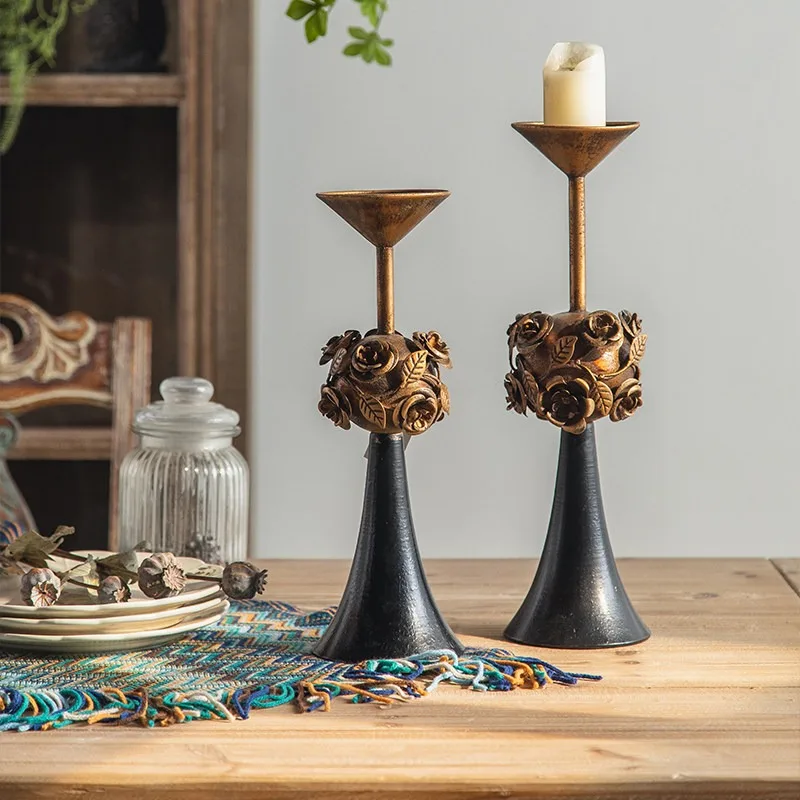 American Creative Solid Wood Candle Holder Carved Wrought Iron Jewelry Atmosphere Metal Decoration Candle Holders Retro