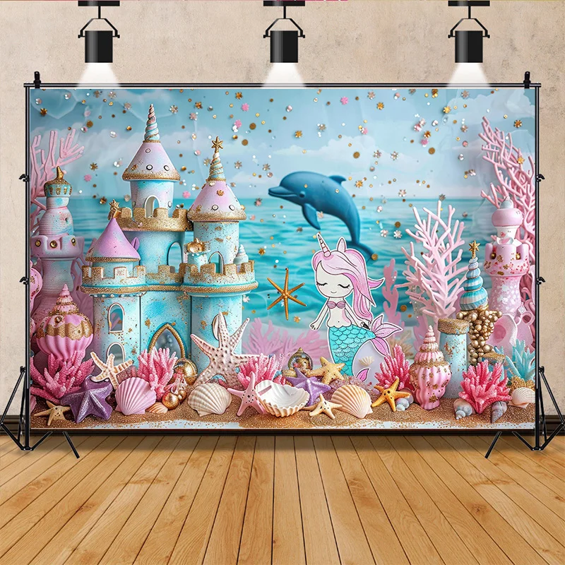 Mermaid Blue Marine Wall Sailboat Photography Backdrops Birthday Party Decor Global Fishing Net Photo Studio Background TE-07