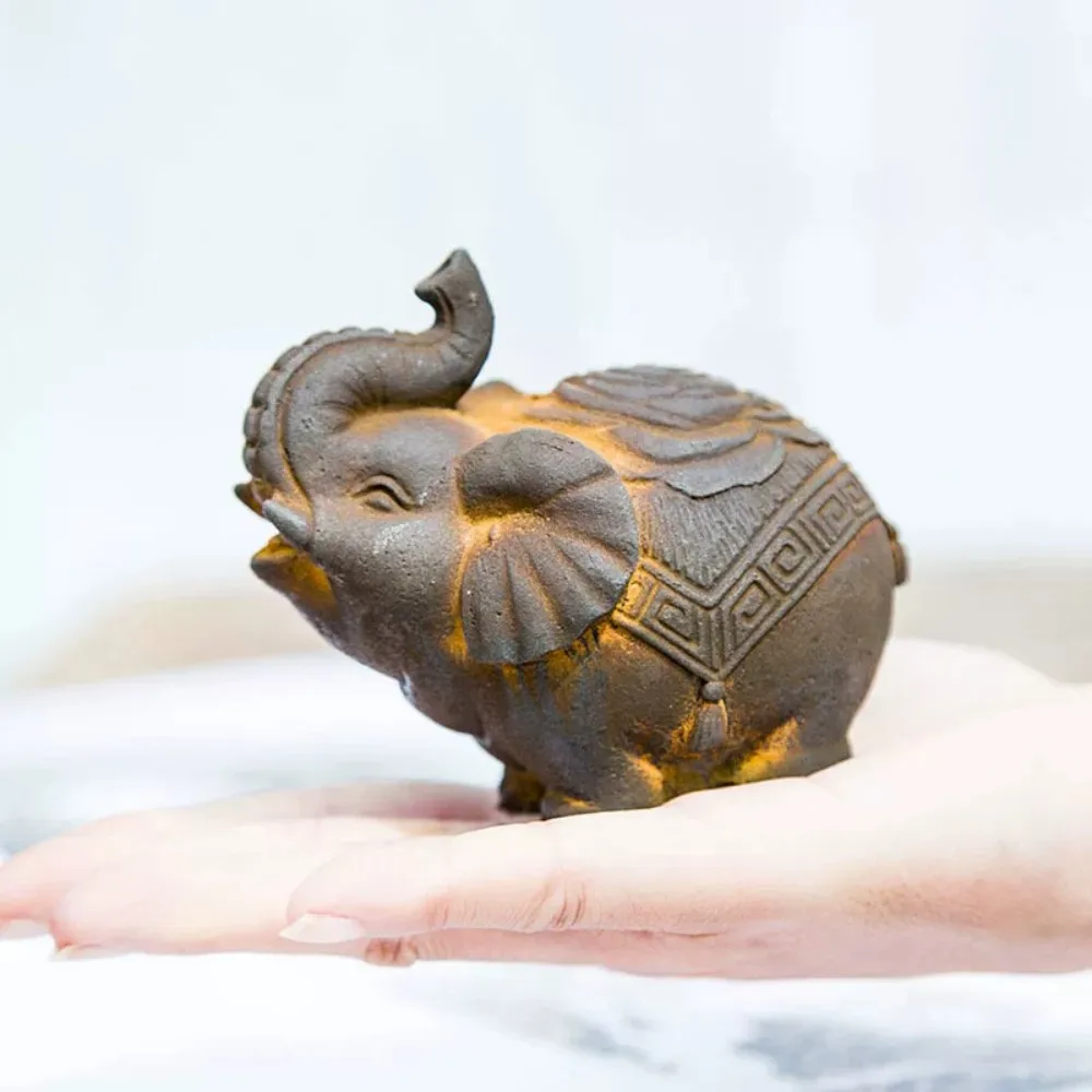 Cast Iron Lucky Elephant Statue with Curled Trunk for Wealth Tea Pet Chinese Style Decor