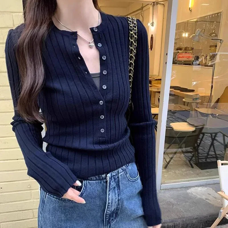 Korean Ribbed Knit Pullovers for Women Henley Neck Casual Long Sleeve Inner Layer Tops Woman Autumn Slim Fit Solid Color Jumpers