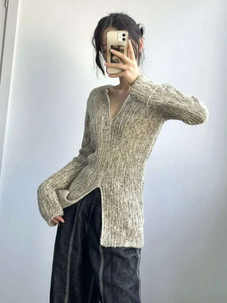 Korean Fashion Slim Women Sweaters Long Sleeve 2024 Spring Y2k Aesthetic Sueter Mujer Split All Match Casual Hollow Out Pullover