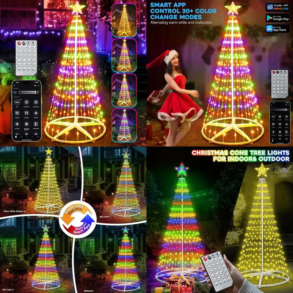 

6ft 296 LED Color-Changing Christmas Cone Tree with App Control, Remote, Timer, and Music Sync for Indoor/Outdoor Use (White)