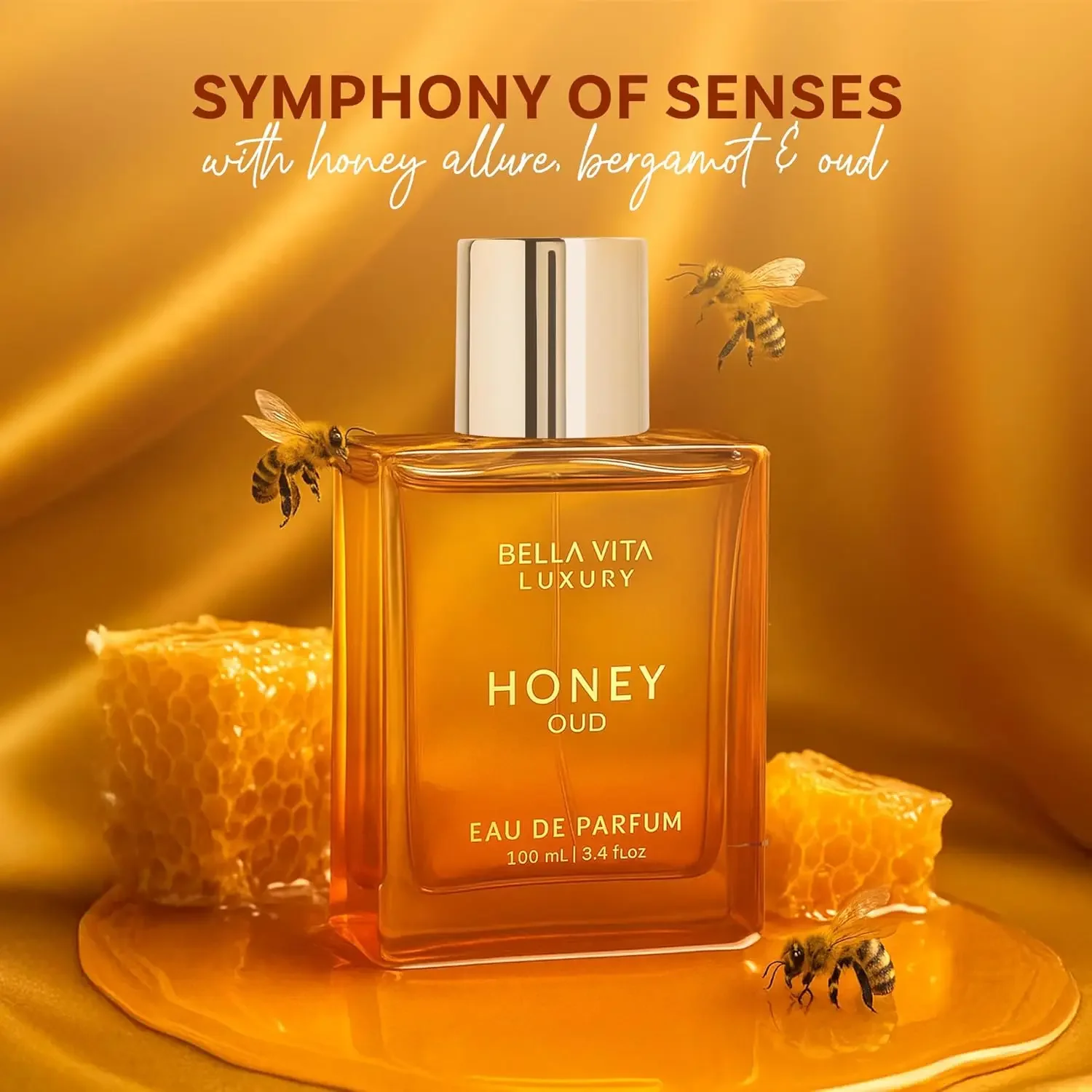 BellaVita Luxury Honey Oud EDP 3,4 унции / 100 мл — теплый сладкий янтарный ваниль, стойкий парфюм унисекс, веганский чистый подарок